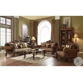 Jardena Fabric and Cherry Oak 69" Loveseat with 4 Pillows