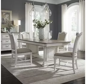 Abbey Park Antique White and Weathered Brown Upholstered 5 Piece Extendable Dining Set with Nailhead Trim