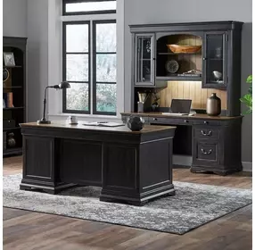 Vintner Hill Aged Charcoal and Caramel 66" Credenza with LED in Hutch