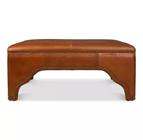 Streetman Havana Brown Leather Upholstered Square Cocktail Ottoman with Nailhead Trim