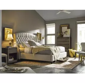Curated Beige and Graphite Queen Upholstered Panel Halston Bed with Nailhead Trim