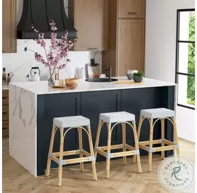 Tobias White And Sky Blue Dot Rattan Bar Stool