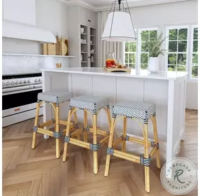 Tobias White And Navy Blue Dot Rattan Bar Stool