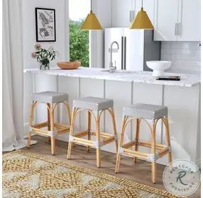Tobias Gray And White Dot Rattan Bar Stool