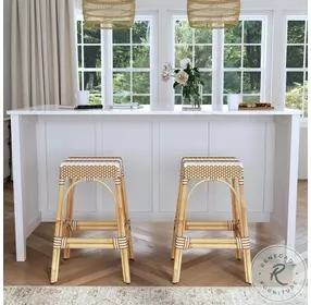 Tobias Tan And White Stripe Rattan Bar Stool