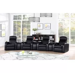 Cyrus Black Top Grain Leather 4 Piece Home 177" Theater Seating With 3 Console