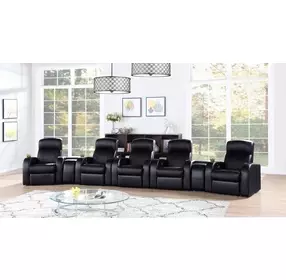 Cyrus Black Top Grain Leather 5 Piece Home 195" Theater Seating With 2 Console