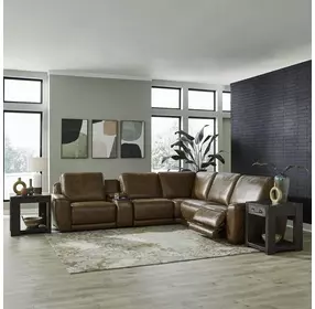 Weston Venetian Honey Leather 6 Piece Modular Dual Power Zero Wall Reclining Sectional with LED and USB Charging