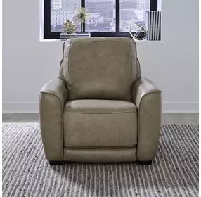 Weston Sophia Oatmeal Leather Dual Power Zero Wall Recliner with Power Headrest and Pillow