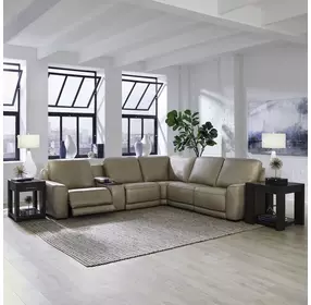 Weston Sophia Oatmeal Leather 6 Piece Modular Dual Power Zero Wall Reclining Sectional with LED and USB Charging