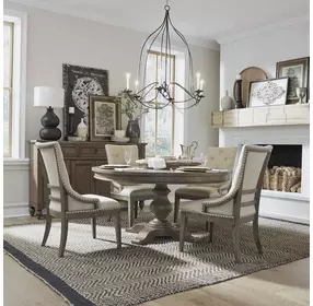Americana Farmhouse Dusty Taupe and Brown Upholstered 5 Piece Dining Set with Nailhead Trim