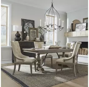 Americana Farmhouse Dusty Taupe and Brown Upholstered 5 Piece Extendable Trestle Dining Set with Nailhead Trim