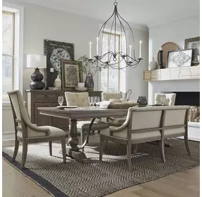 Farmstead Living Dusty Taupe and Brown Upholstered 6 Piece Extendable Trestle Base Dining Set with Nailhead Trim