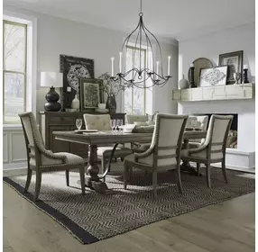 Farmstead Living Dusty Taupe and Brown Upholstered 7 Piece Extendable Trestle Base Dining Set with Nailhead Trim