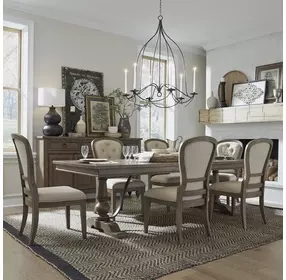 Americana Farmhouse Dusty Taupe and Brown Upholstered 7 Piece Extendable Rectangular Trestle Base Dining Set with Nailhead Trim
