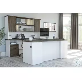 Norma Walnut Grey And White 71" U Shaped Executive Desk With Hutch