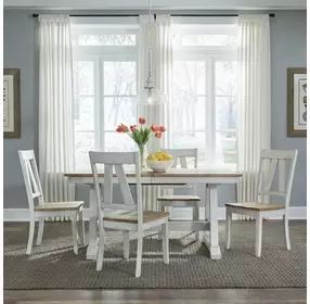 Harvest Fields Weathered White and Sandstone 5 Piece Extendable Trestle Dining Set