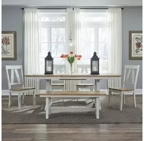 Harvest Fields Weathered White and Sandstone 6 Piece Extendable Trestle Dining Set