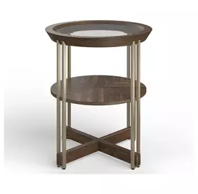Kingsmere Walnut and Tarnished Silver Round Glass Top End Table