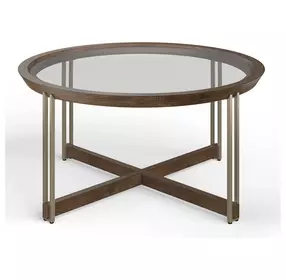 Kingsmere Walnut and Tarnished Silver Round Glass Top Cocktail Table