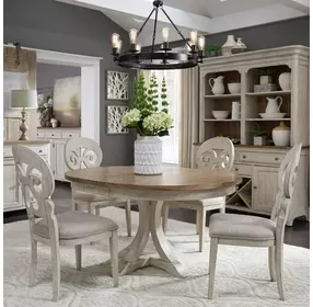 Renewed Farmhouse Antique White and Chestnut Upholstered 5 Piece Extendable Pedestal Base Dining Set