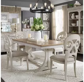 Farmhouse Reimagined Antique White and Chestnut Upholstered 5 Piece Extendable Trestle Base Dining Set