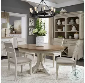 Farmhouse Reimagined Antique White And Chestnut Pedestal Extendable Dining Table