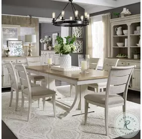 Farmhouse Reimagined Antique White And Chestnut Trestle Extendable Dining Table