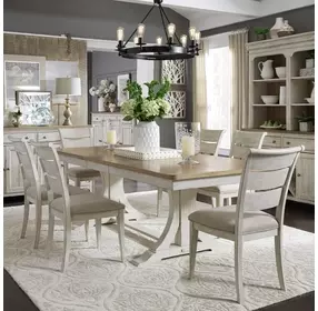 Farmhouse Reimagined Antique White and Chestnut 7 Piece Extendable Trestle Base Dining Set