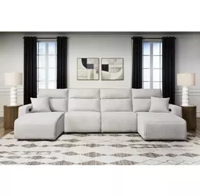 Modmax II Stone Performance Fabric 4 Piece Modular Power Reclining Sectional with Double Chaise and USB Charging