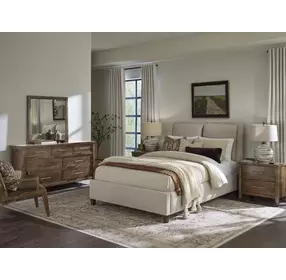 Pure Maple Syrup and Sandstone Performance Fabric Queen Upholstered Panel Bed