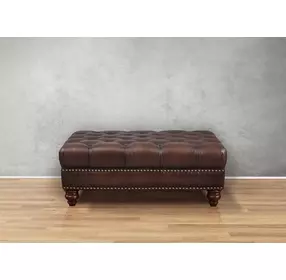 Waverly Caramel Leather Upholstered Rectangular Ottoman with Nailhead Trim