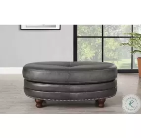 Bexley Ash Leather Upholstered Oval Ottoman with Nailhead Trim