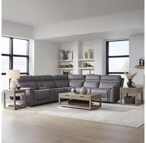 Cooper Blue Gray Leather 6 Piece Modular Power Reclining Sectional with USB Charging