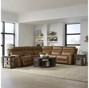 Cooper Camel Leather 6 Piece Modular Zero Gravity Triple Power Reclining Sectional with Console and USB Charging