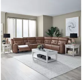 Kingswell Aline Saddle Leather 6 Piece Modular Power Reclining Sectional with USB Charging