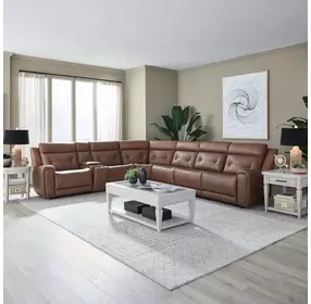 Kingswell Aline Saddle Leather 7 Piece Modular Power Reclining Sectional with USB Charging