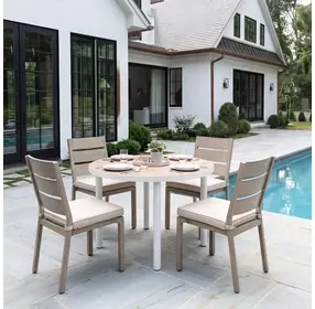 Nimara Natural and White Outdoor 35" Round Glass Top Dining Table