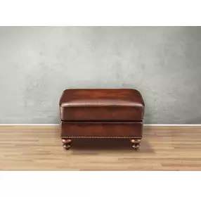 Kingswell Brown Leather Upholstered Rectangular Ottoman with Nailhead Trim