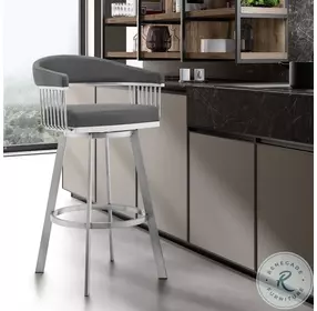 Bronson Gray Faux Leather And Brushed Stainless Steel Swivel 30" Bar Stool