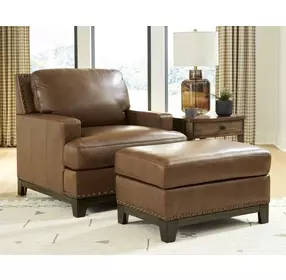 Brendola Amber Leather Upholstered Rectangular Ottoman with Nailhead Trim
