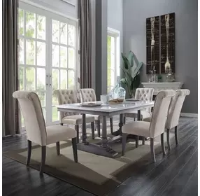 Yabeina White and Gray Oak 71" Rectangular Marble Top Dining Table