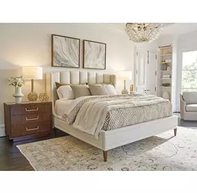 Savoy Rendezvous Ivory and Brown Performance Fabric California King Upholstered Panel Bed