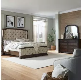Provence Park Chateau Brown and Texture Cream King Upholstered Shelter Bed