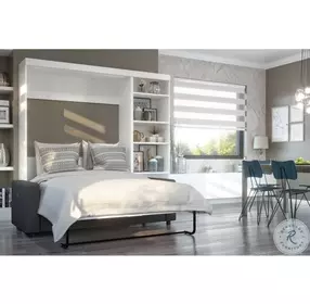 Pur White 90" Full Murphy Bed with Sofa and Shelving Unit