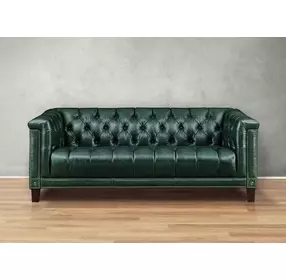 Picavel Green Leather 84" Sofa with Nailhead Trim