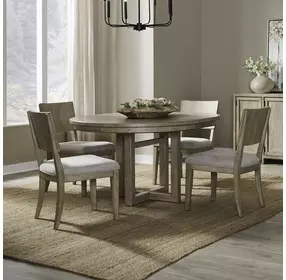 Proximity Place Barley Buff and Beige Upholstered 5 Piece Extendable Pedestal Base Dining Set