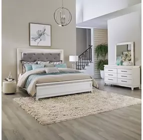 Reflections Pearl White and Gray King Upholstered Panel Bed with LED