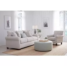 Laredo Stone Off White and Gray Performance Fabric Upholstered Round Cocktail Ottoman
