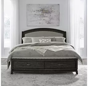 Avalon Coffee Bean and Oatmeal King Upholstered Storage Panel Bed with Nailhead Trim